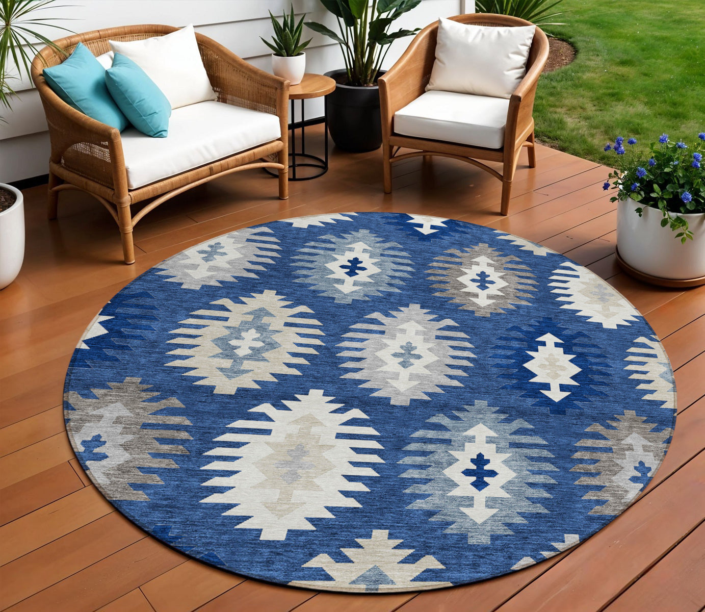 8 Navy Blue Ivory And Gray Round Southwestern Washable Indoor Outdoor Area Rug