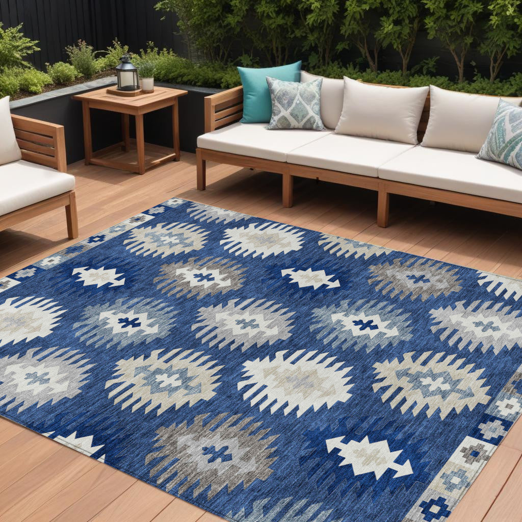 9 X 12 Navy Blue Ivory And Gray Southwestern Washable Indoor Outdoor Area Rug