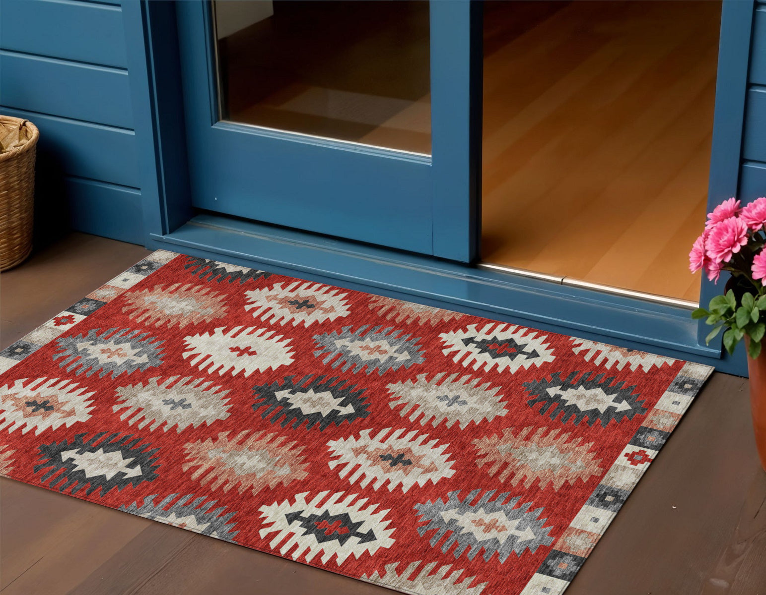 3 X 5 Red Ivory And Salmon Southwestern Washable Indoor Outdoor Area Rug