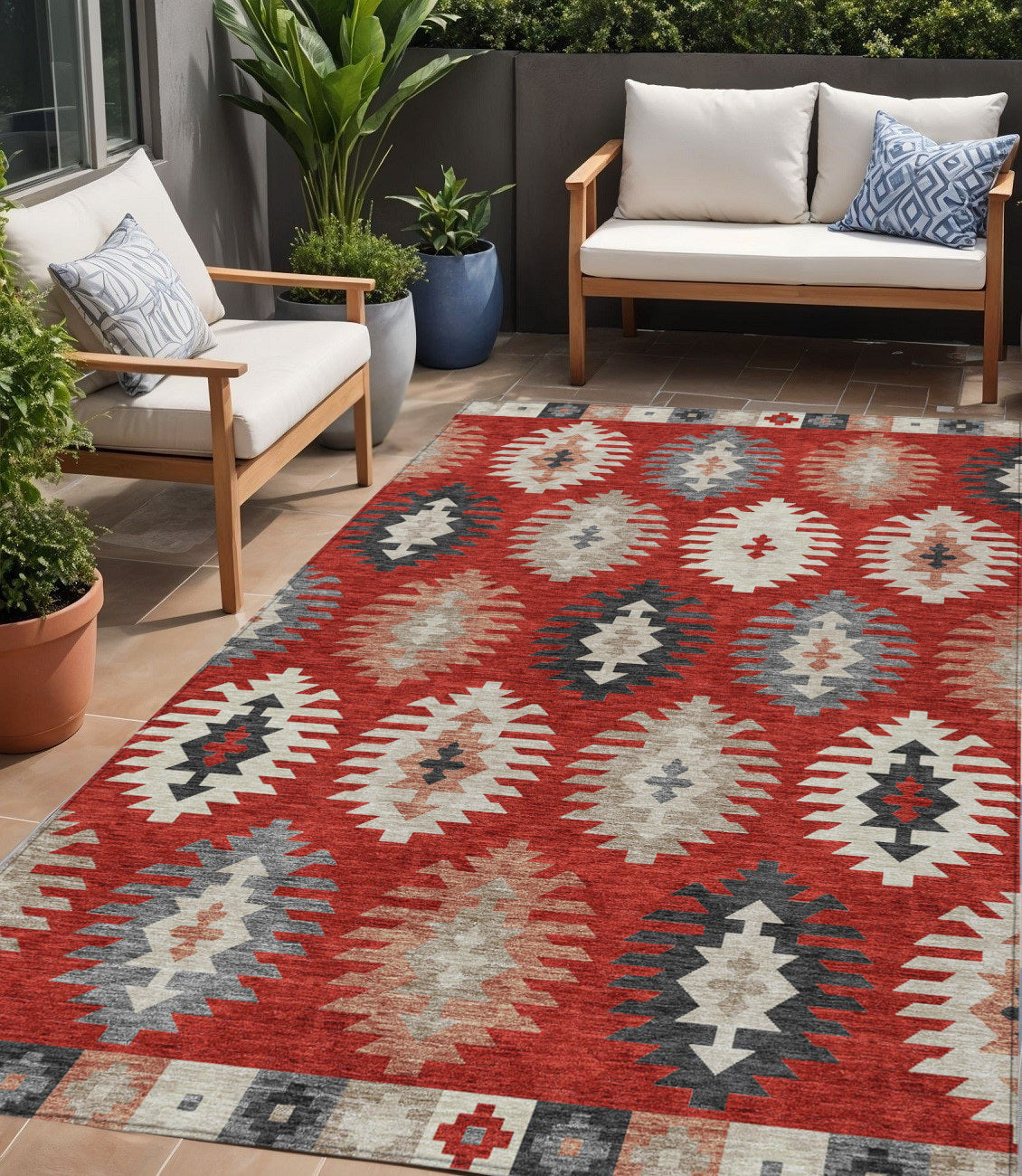 5 X 8 Red Ivory And Salmon Southwestern Washable Indoor Outdoor Area Rug