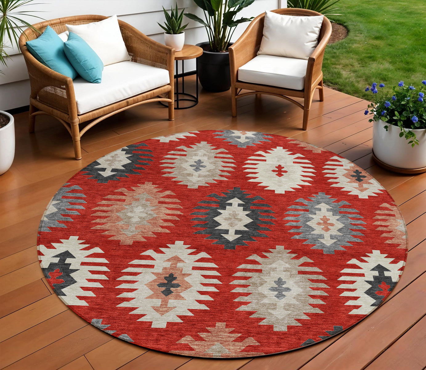 8 Red Ivory And Salmon Round Southwestern Washable Indoor Outdoor Area Rug