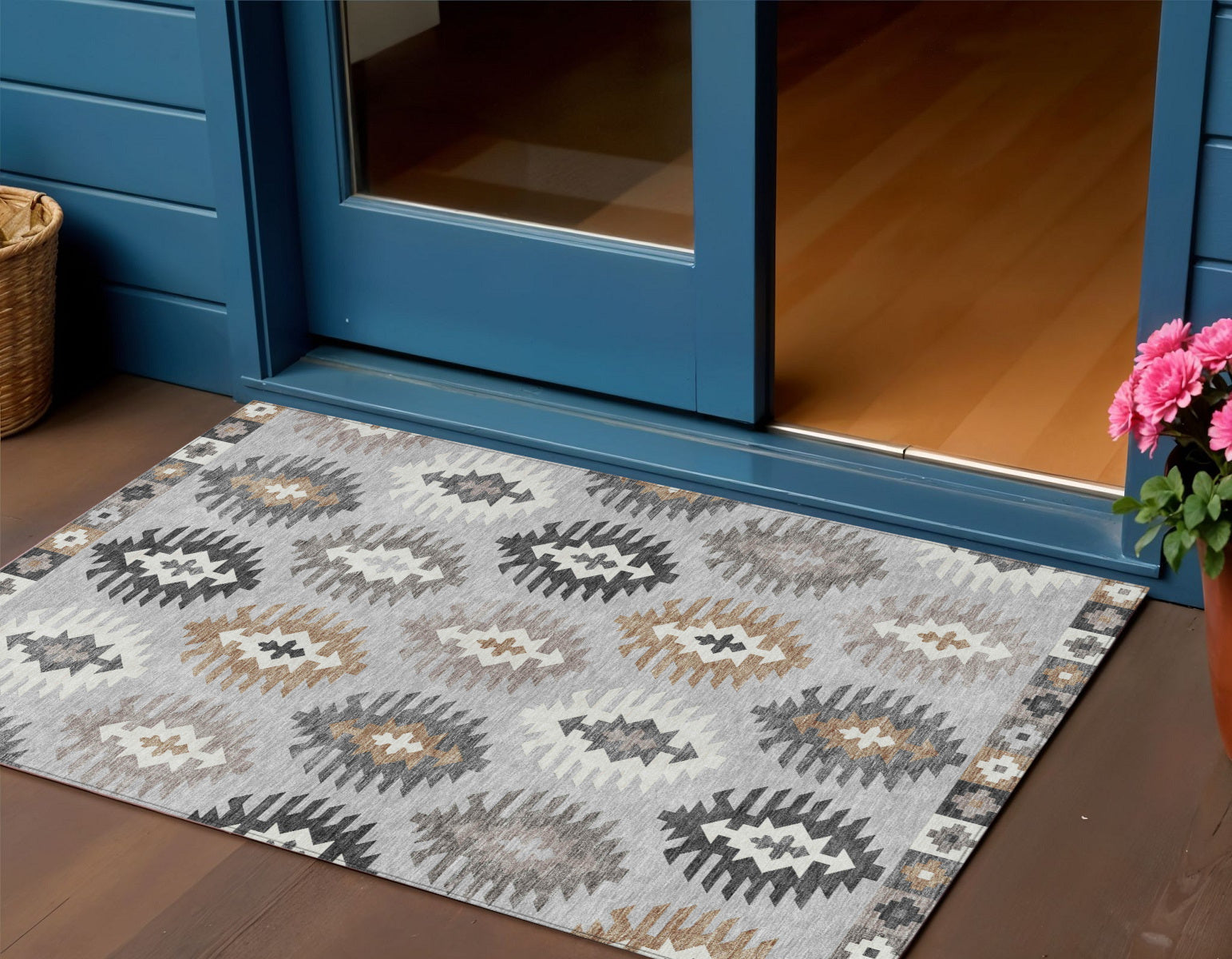 3 X 5 Silver Beige And Charcoal Southwestern Washable Indoor Outdoor Area Rug