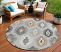8 Silver Beige And Charcoal Round Southwestern Washable Indoor Outdoor Area Rug