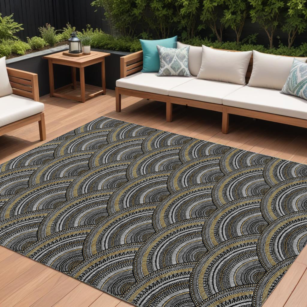 8 X 10 Black Ivory And Gold Geometric Washable Indoor Outdoor Area Rug