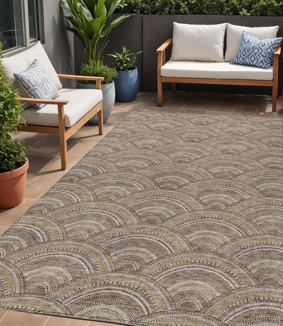 5 X 8 Brown Beige And Taupe Geometric Washable Indoor Outdoor Area Rug