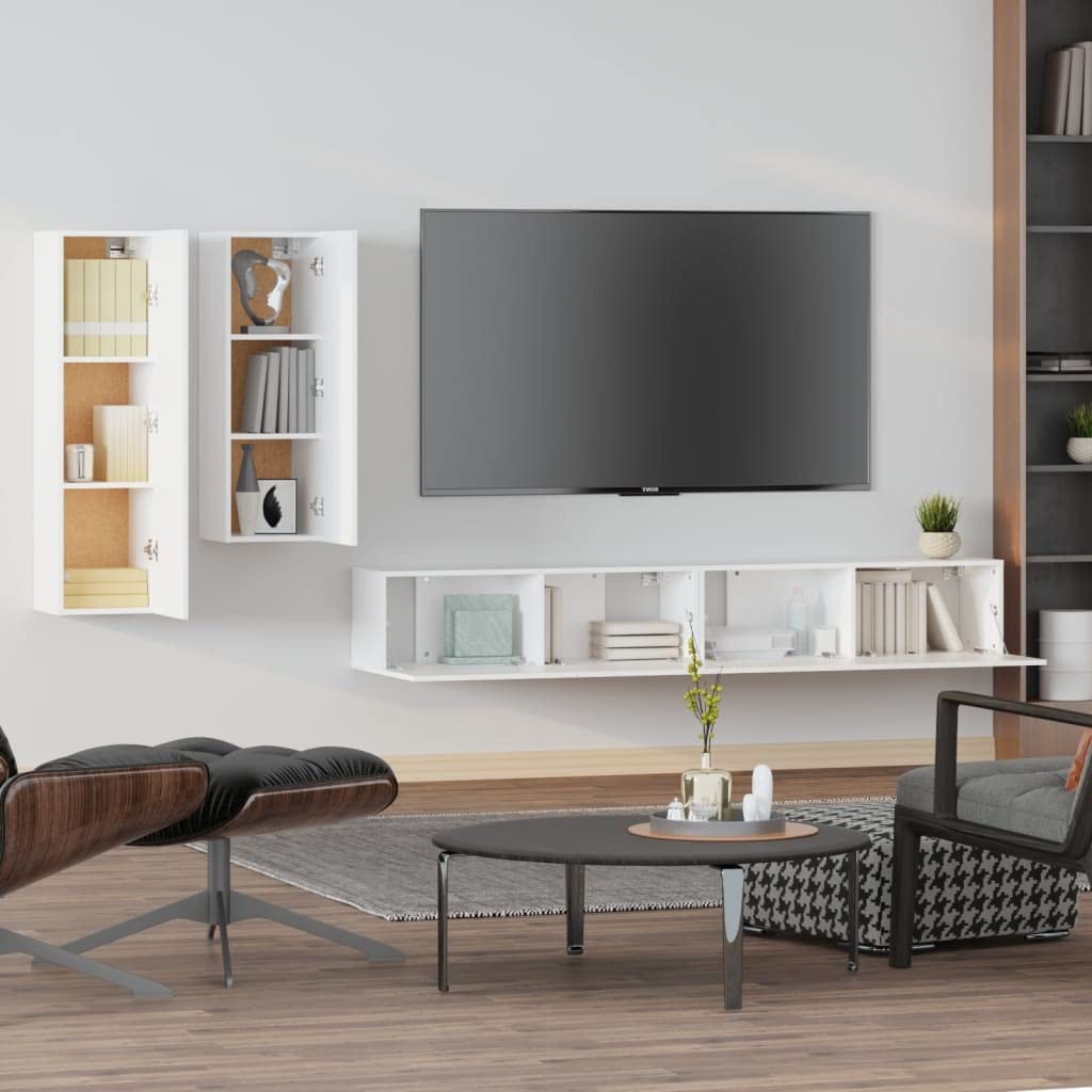 vidaXL TV Cabinet Set 4 Piece Home Bedroom Living Room Entertainment Center Console HiFi Cabinet TV Stand Media Unit Furniture White Engineered Wood