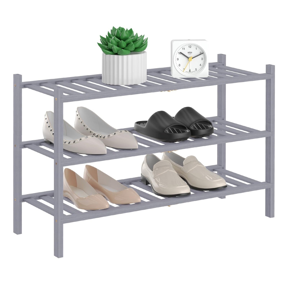 RONGJIA 3-Tier Natural Bamboo Shoe Rack - Stackable Storage Shelf with Multi-Function Combinations - Free Standing Shoe Racks fo
