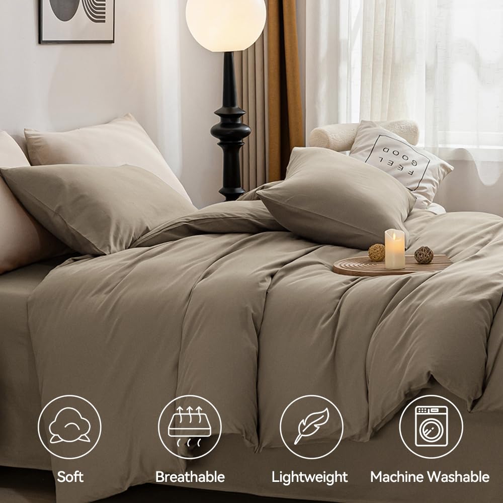 Jellymoni Khaki Duvet Cover Queen Size - 100% Washed Cotton Linen Like Textured Comforter Cover, 3 Pieces Breathable Soft Beddin