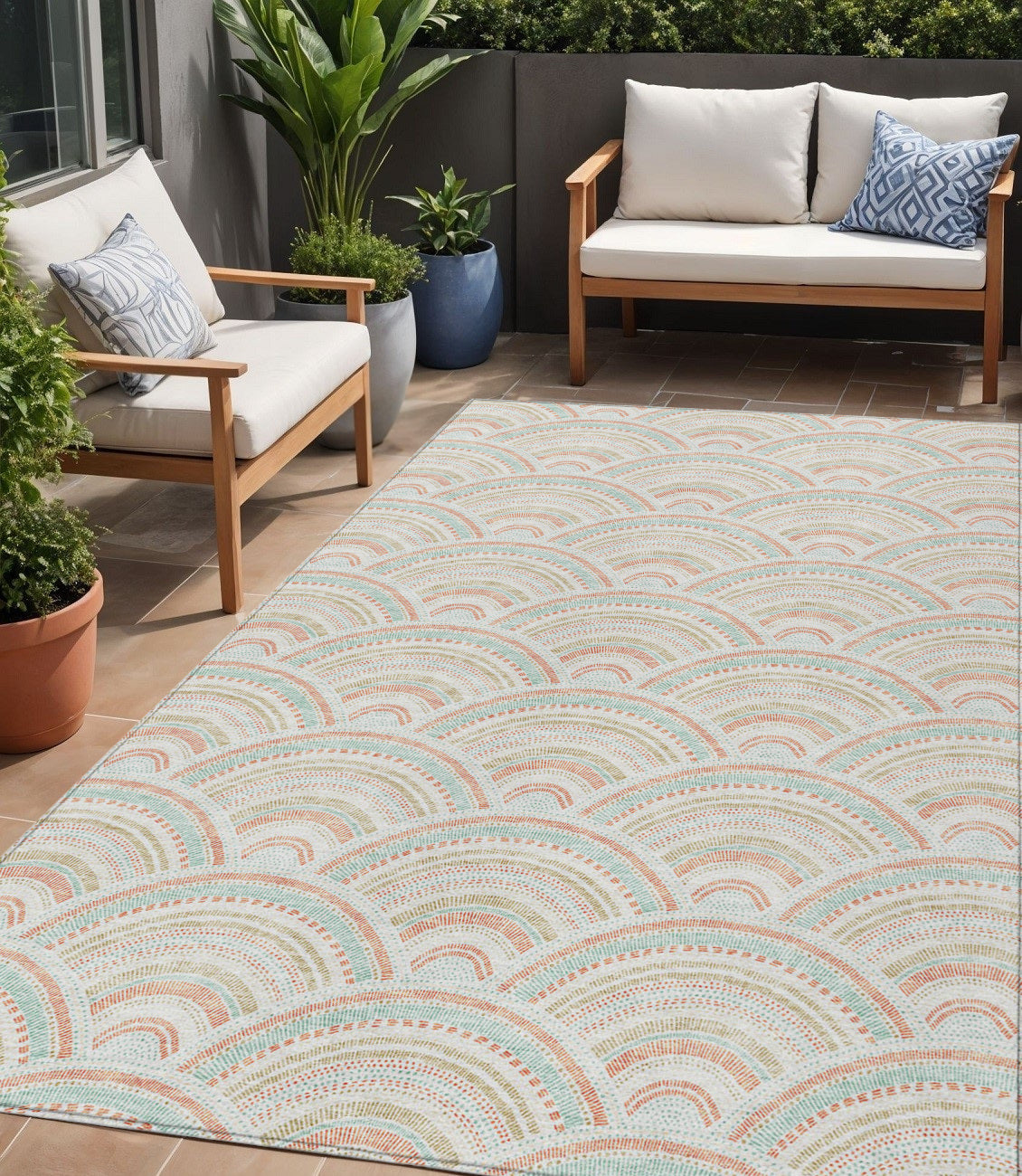 5 X 8 Linen Orange And Ivory Geometric Washable Indoor Outdoor Area Rug