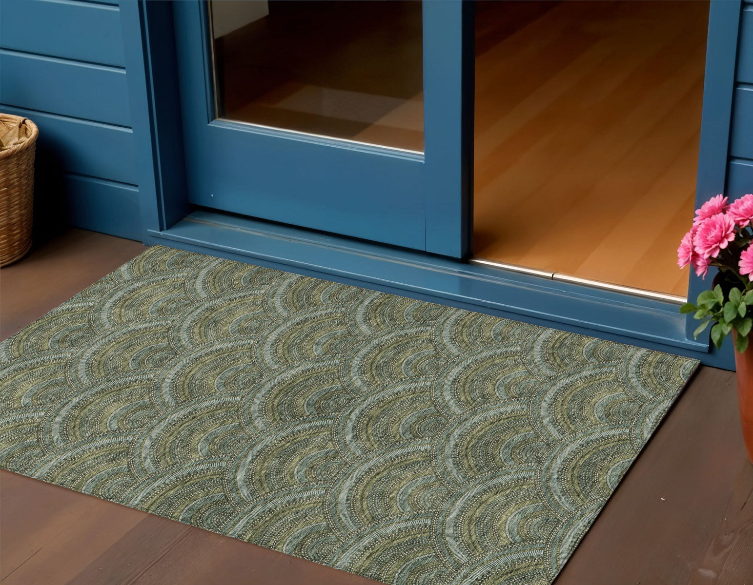 3 X 5 Olive Green Fern Green And Silver Geometric Washable Indoor Outdoor Area Rug