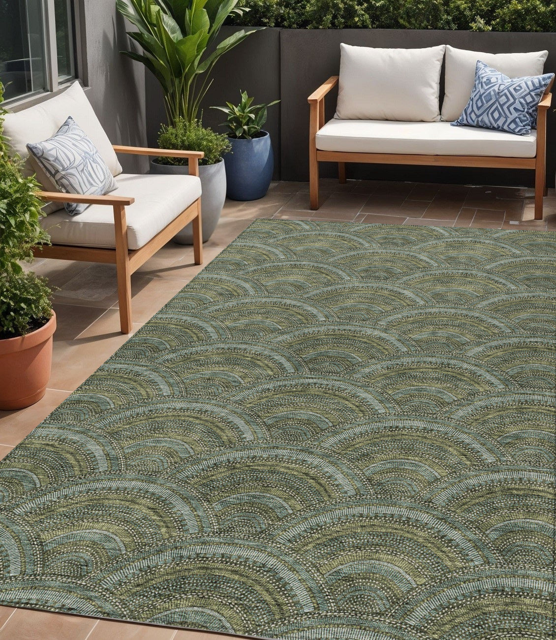 5 X 8 Olive Green Fern Green And Silver Geometric Washable Indoor Outdoor Area Rug