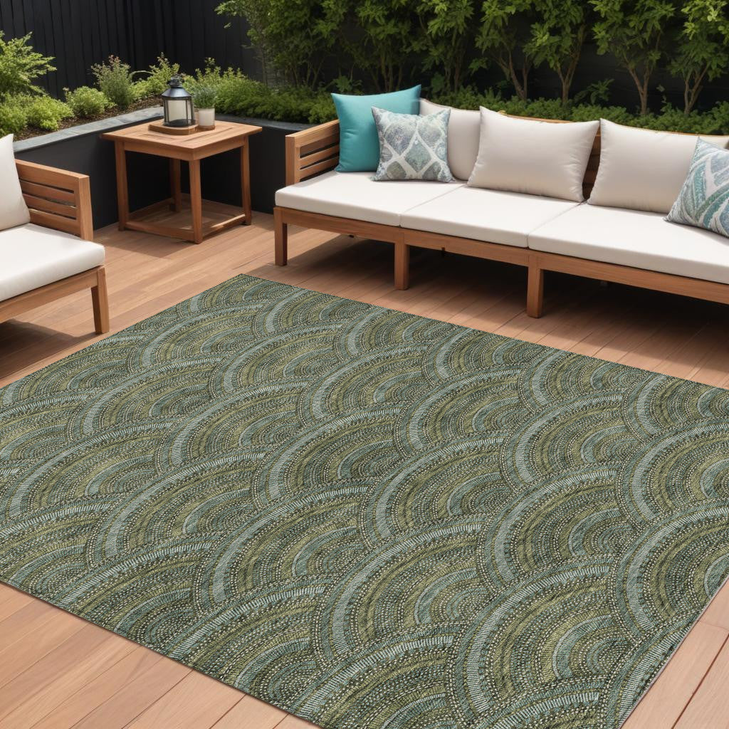 9 X 12 Olive Green Fern Green And Silver Geometric Washable Indoor Outdoor Area Rug