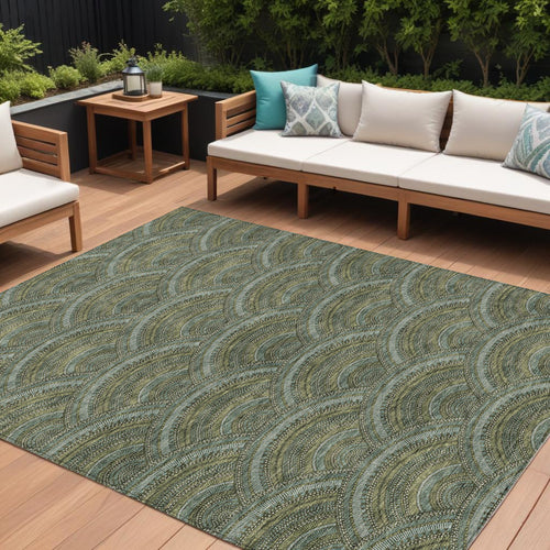 10 X 14 Olive Green Fern Green And Silver Geometric Washable Indoor Outdoor Area Rug