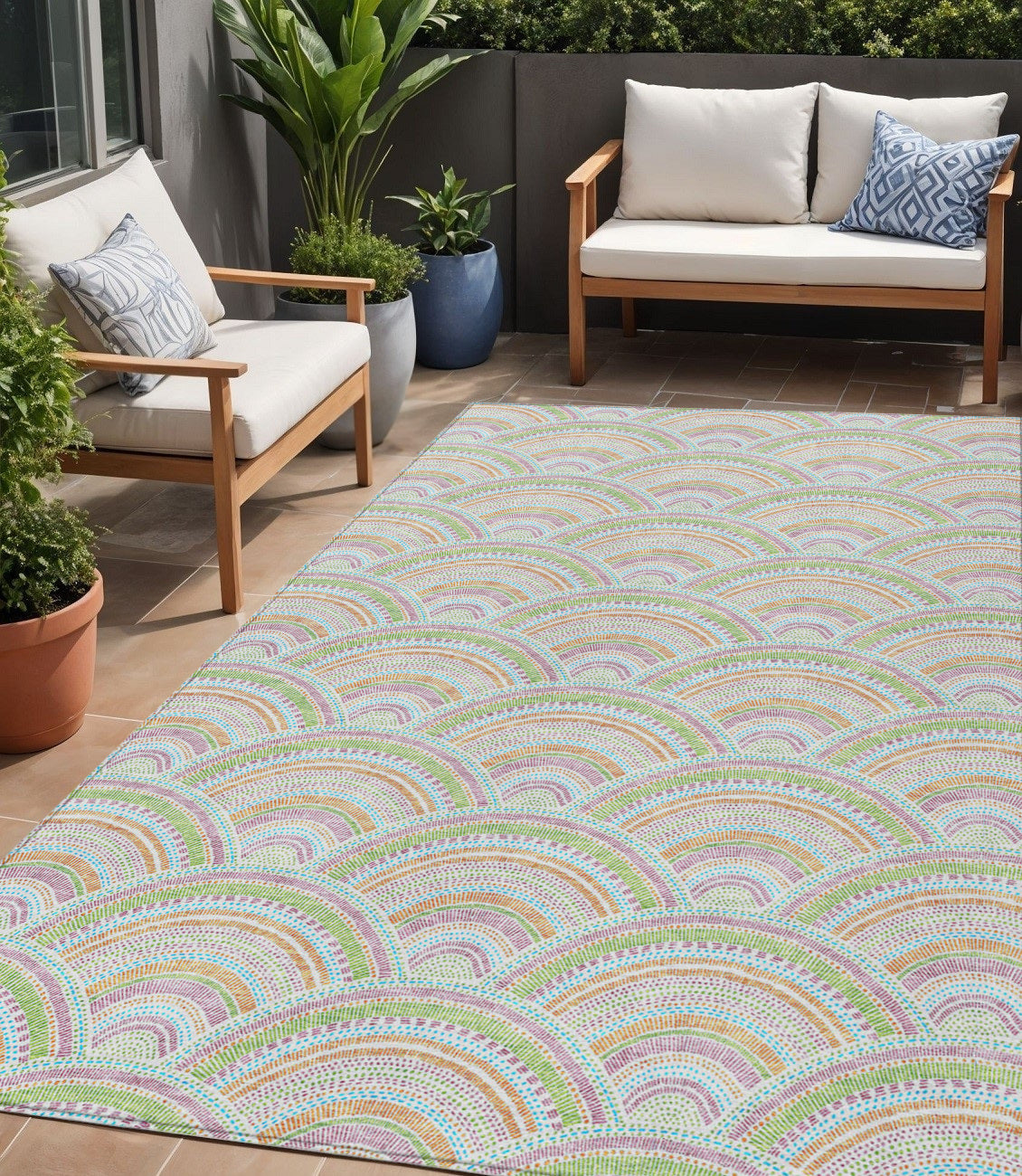 5 X 8 Pearl Orange And Purple Geometric Washable Indoor Outdoor Area Rug