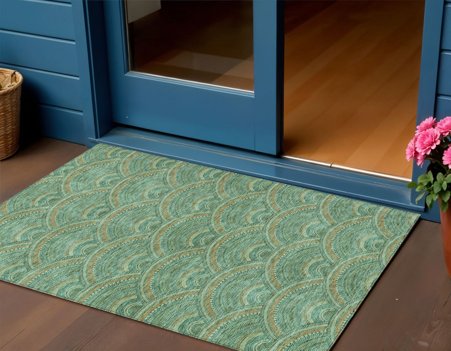 3 X 5 Sage Fern Green And Peach Geometric Washable Indoor Outdoor Area Rug
