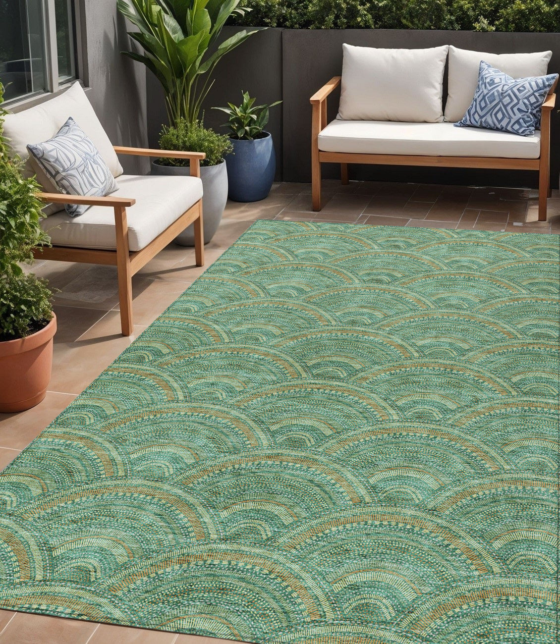 5 X 8 Sage Fern Green And Peach Geometric Washable Indoor Outdoor Area Rug