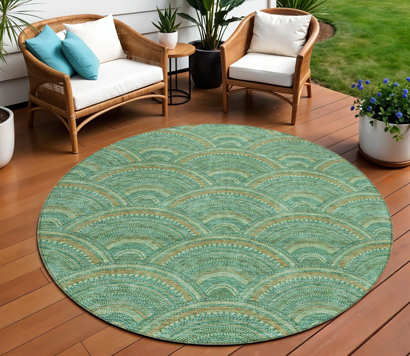 8 Sage Fern Green And Peach Round Geometric Washable Indoor Outdoor Area Rug