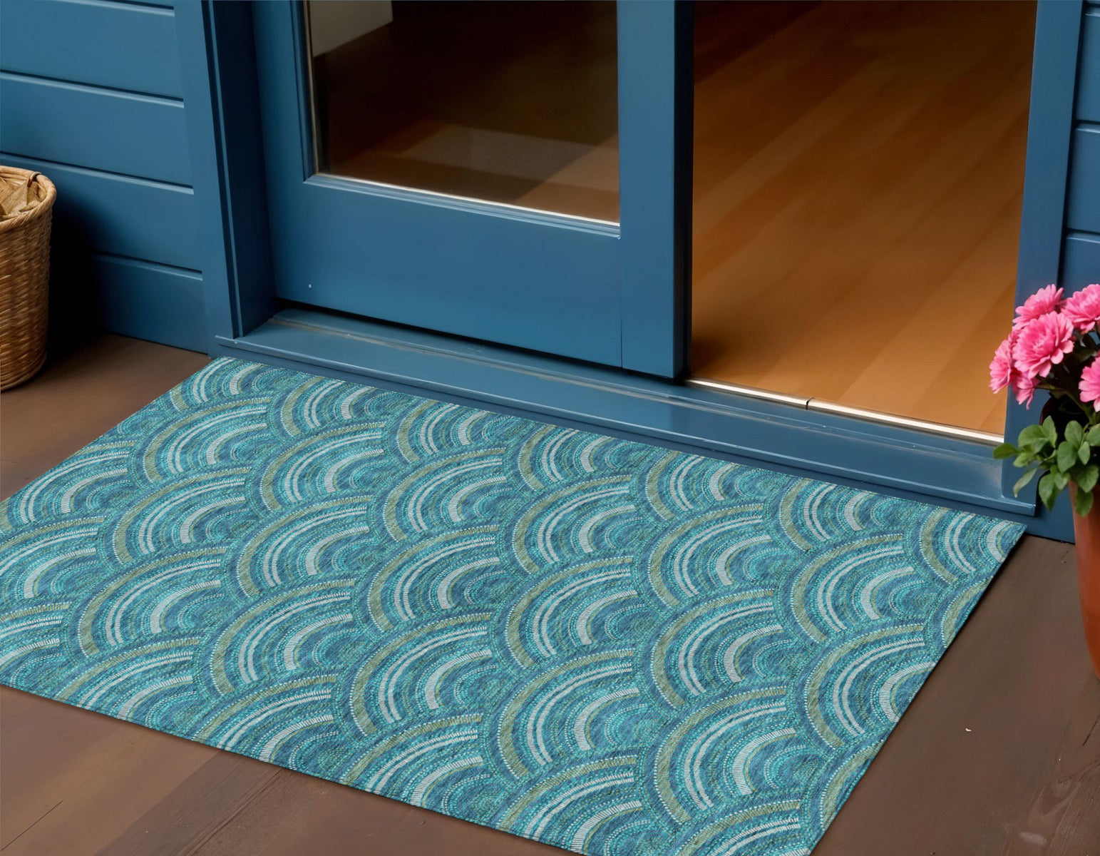 3 X 5 Teal Blue Fern Green And Ivory Geometric Washable Indoor Outdoor Area Rug