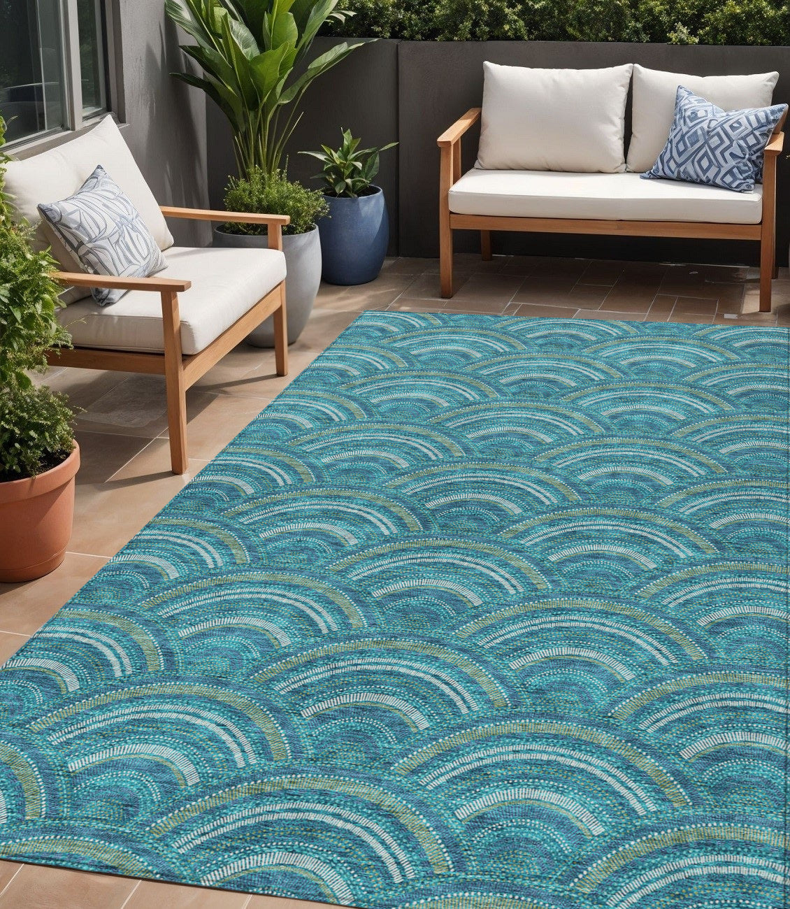 5 X 8 Teal Blue Fern Green And Ivory Geometric Washable Indoor Outdoor Area Rug