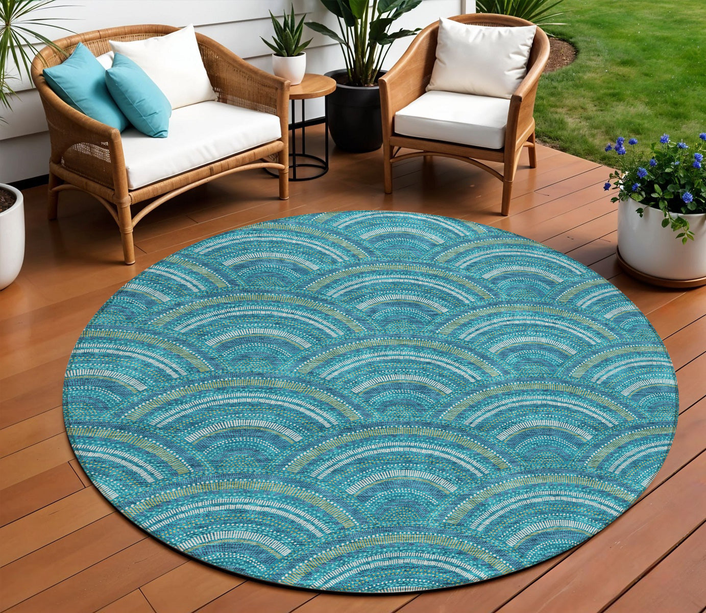 8 Teal Blue Fern Green And Ivory Round Geometric Washable Indoor Outdoor Area Rug