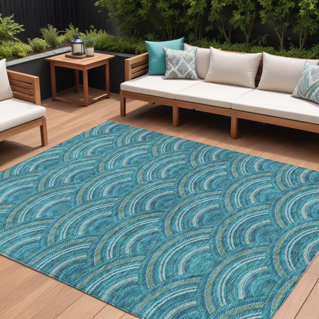 9 X 12 Teal Blue Fern Green And Ivory Geometric Washable Indoor Outdoor Area Rug