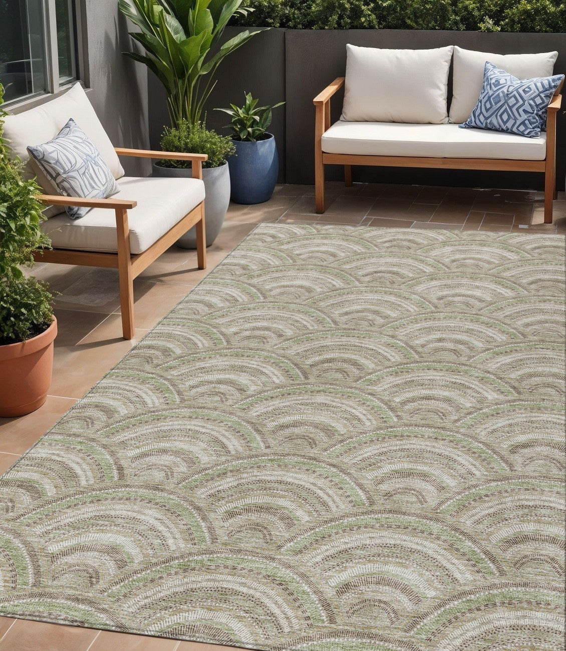 5 X 8 Taupe Fern Green And Ivory Geometric Washable Indoor Outdoor Area Rug