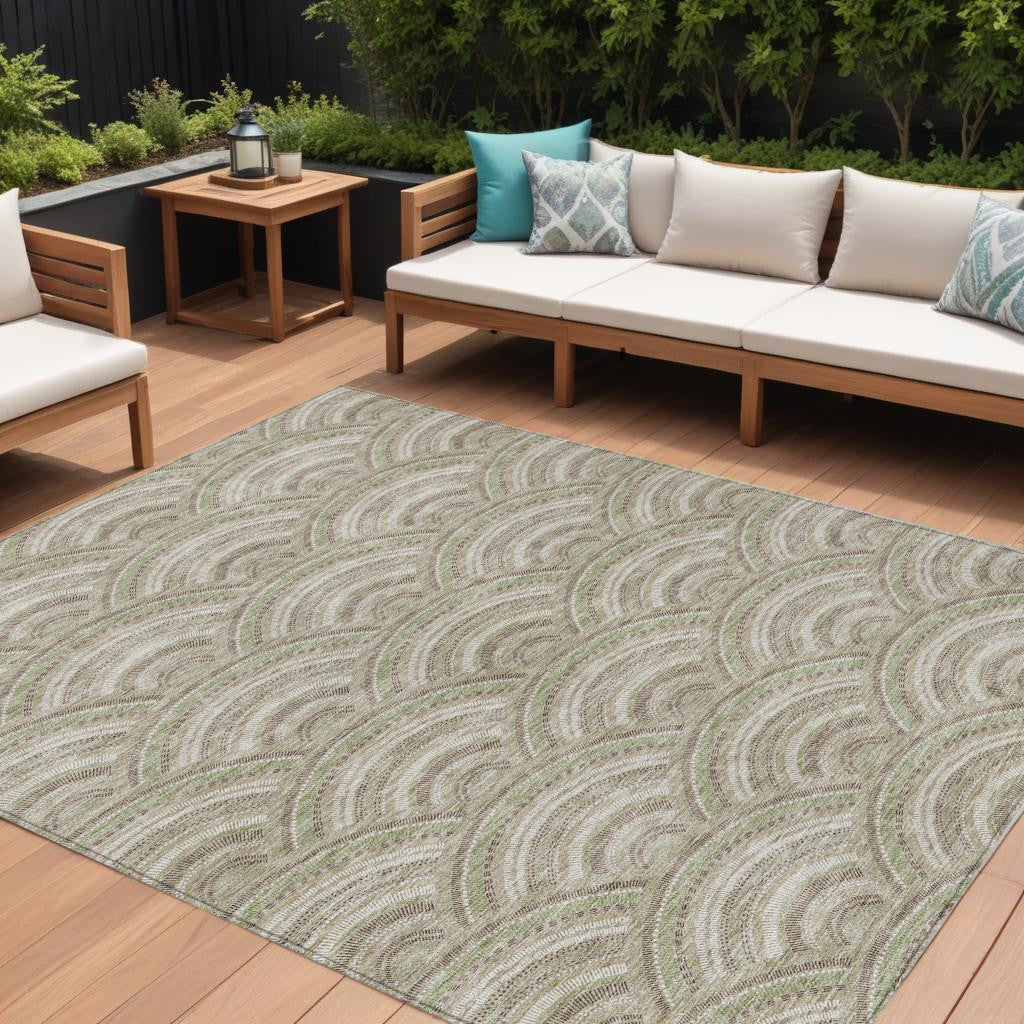 9 X 12 Taupe Fern Green And Ivory Geometric Washable Indoor Outdoor Area Rug