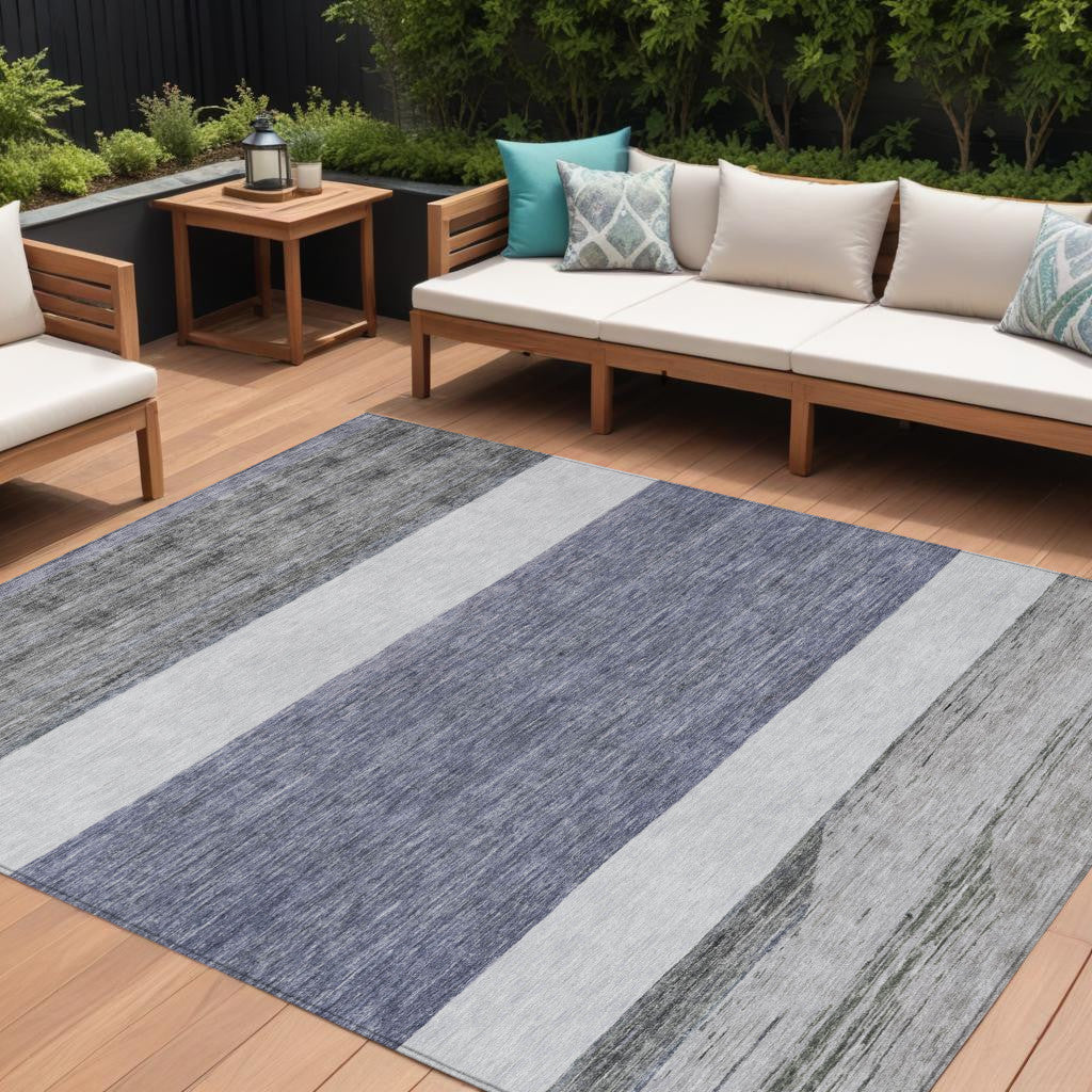 8 X 10 Denim Blue Ivory And Gray Abstract Washable Indoor Outdoor Area Rug