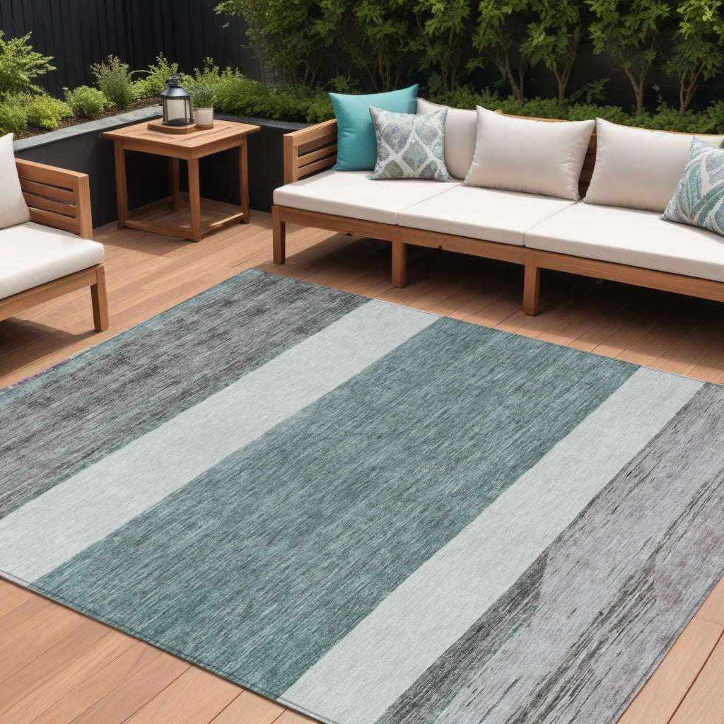 8 X 10 Teal Blue Off White And Gray Abstract Washable Indoor Outdoor Area Rug