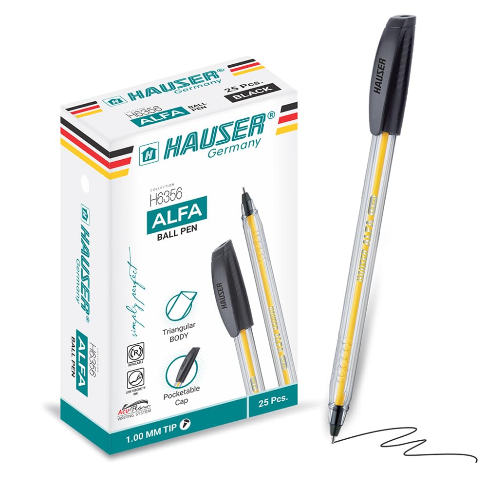 Hauser Alfa Tricone Black Ballpoint Pens 25 Pc, 1.00 Mm Bold Pens, Back To School Supplies, Office Pens, Desk Essentials, Educat