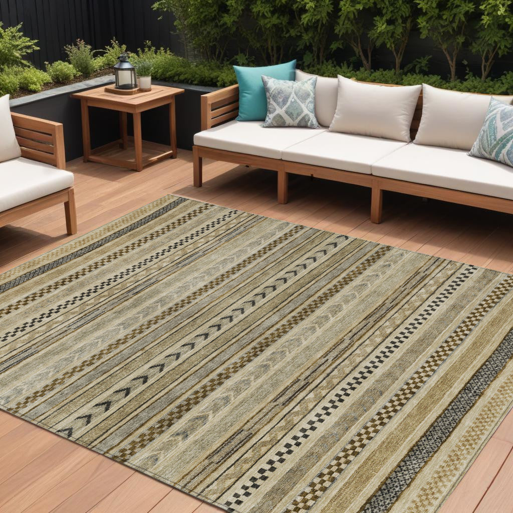 10 X 14 Chocolate And Taupe Striped Washable Indoor Outdoor Area Rug