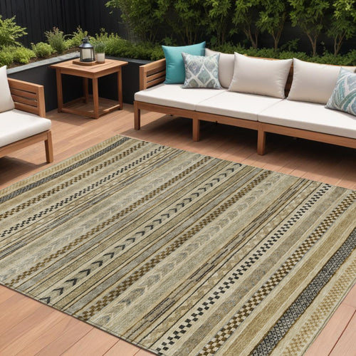10 X 14 Chocolate And Taupe Striped Washable Indoor Outdoor Area Rug