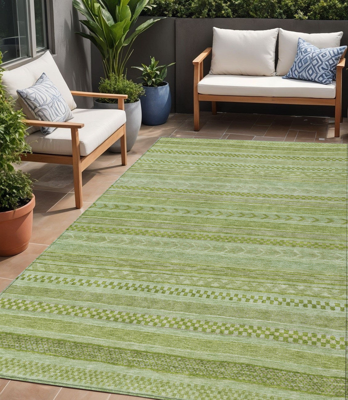 5 X 8 Fern Green And Sage Striped Washable Indoor Outdoor Area Rug
