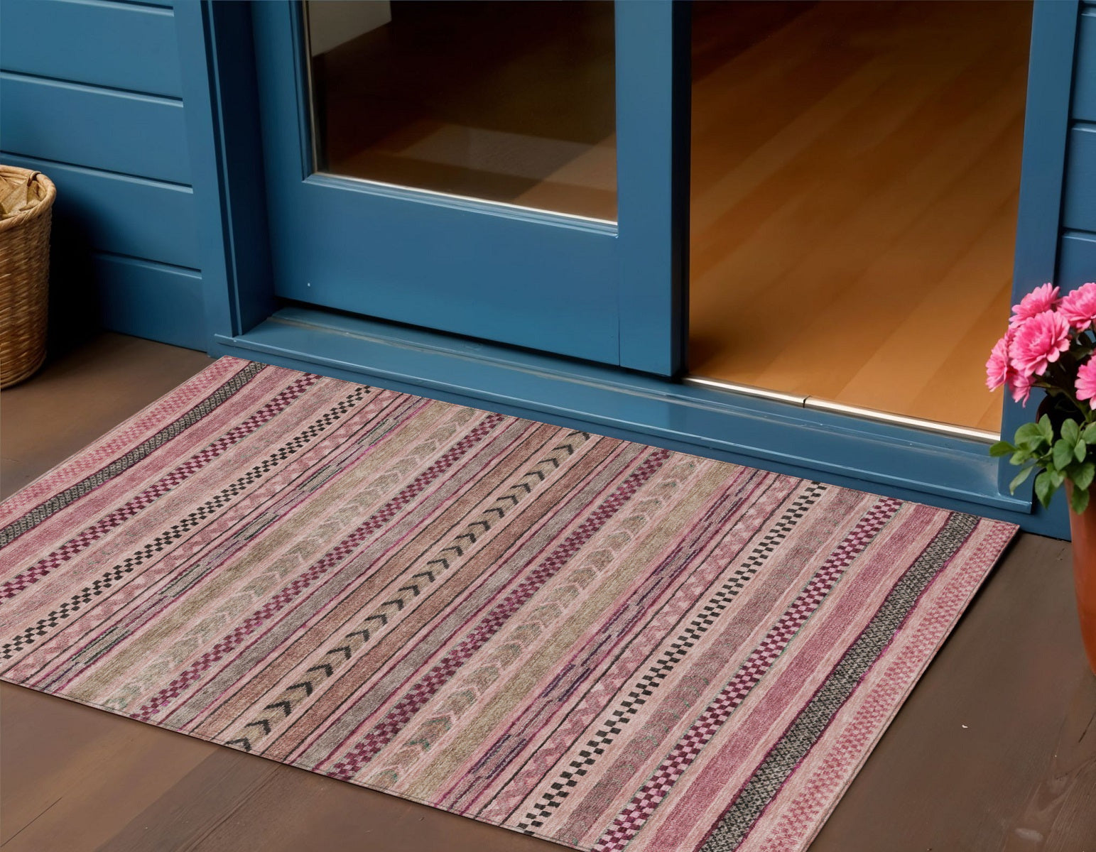 3 X 5 Pink And Taupe Striped Washable Indoor Outdoor Area Rug