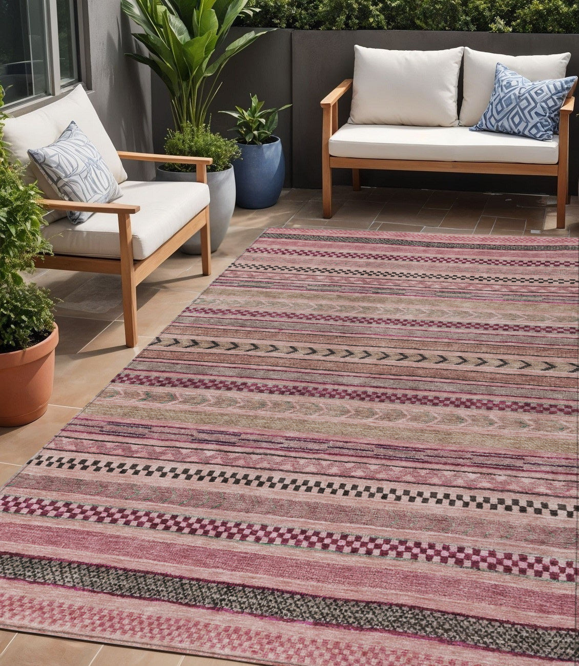 5 X 8 Pink And Taupe Striped Washable Indoor Outdoor Area Rug