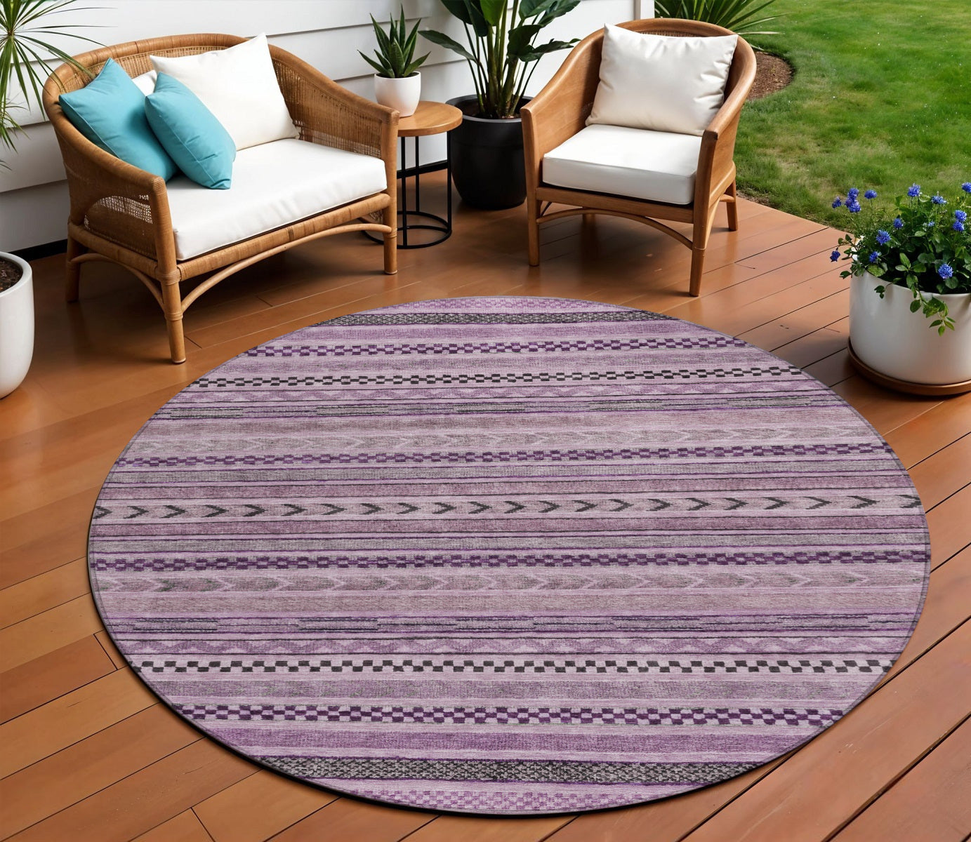 8 Plum And Lilac Round Striped Washable Indoor Outdoor Area Rug