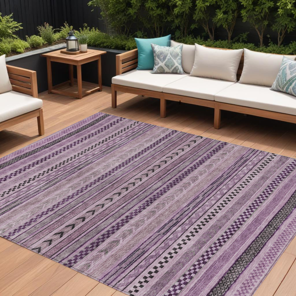 10 X 14 Plum And Lilac Striped Washable Indoor Outdoor Area Rug