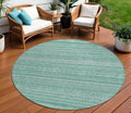 8 Turquoise And Aqua Round Striped Washable Indoor Outdoor Area Rug