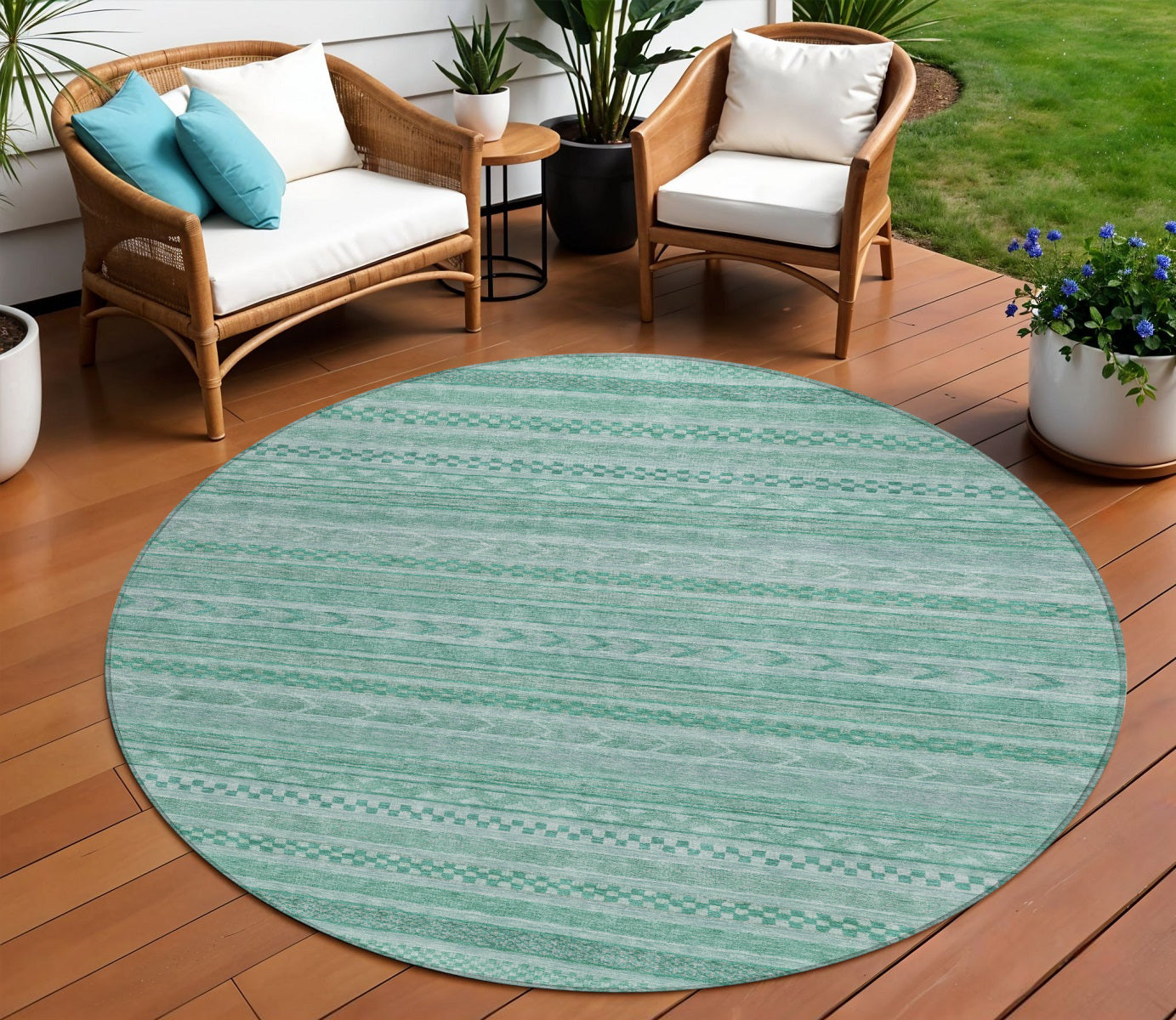 8 Turquoise And Aqua Round Striped Washable Indoor Outdoor Area Rug