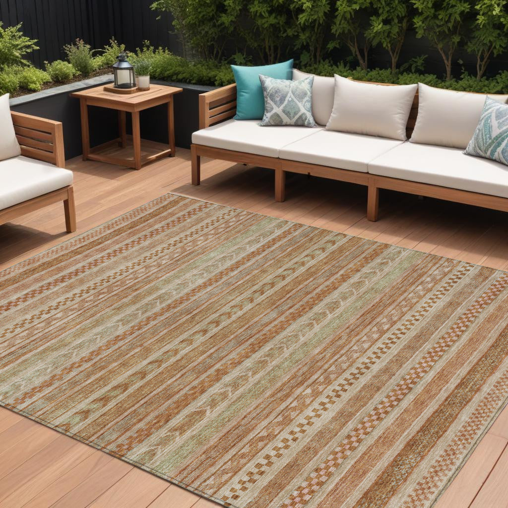 10 X 14 Terra Cotta And Rust Striped Washable Indoor Outdoor Area Rug