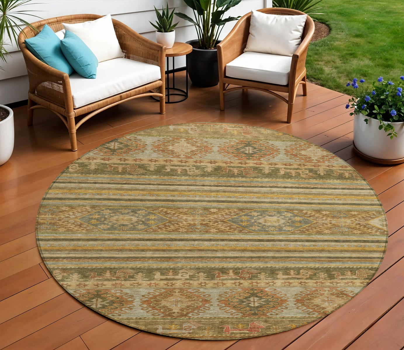 8 Beige Taupe And Gold Round Tribal Washable Indoor Outdoor Area Rug
