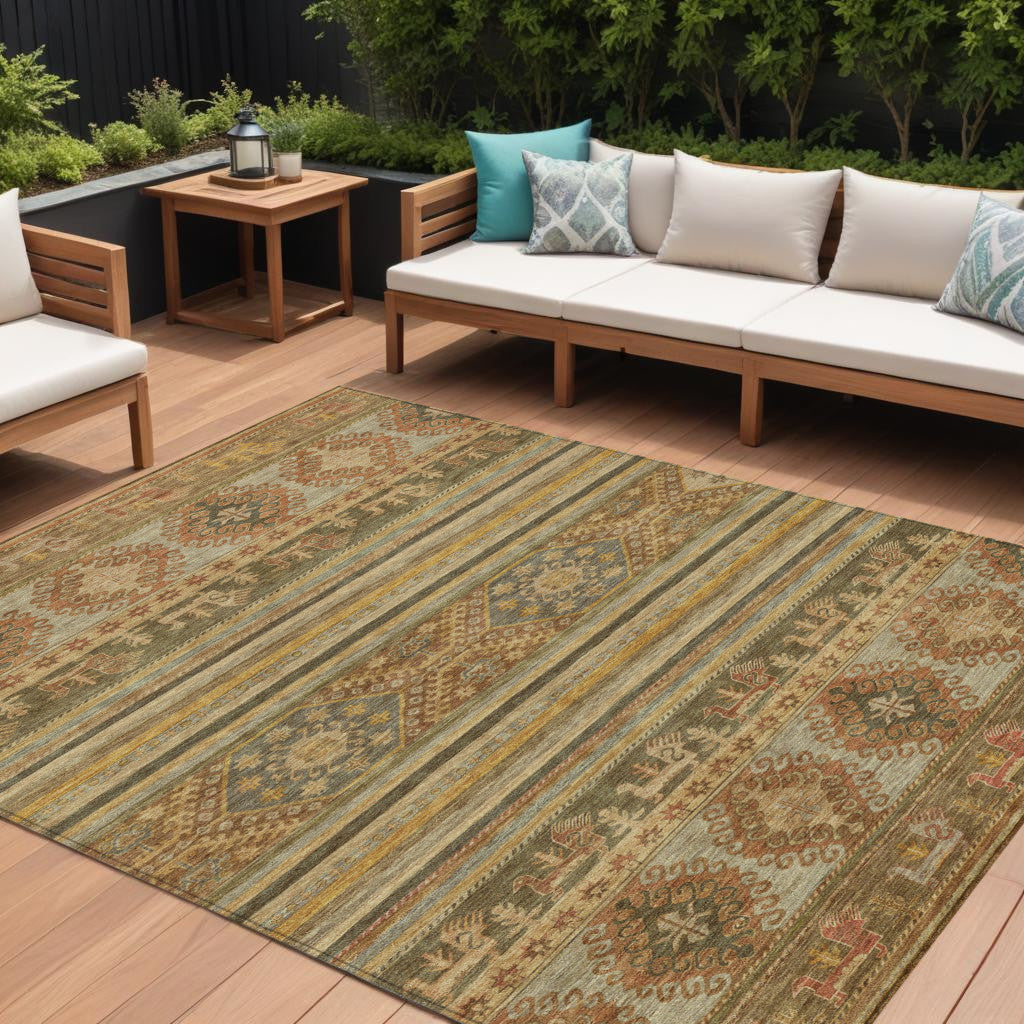 10 X 14 Beige Taupe And Gold Tribal Washable Indoor Outdoor Area Rug