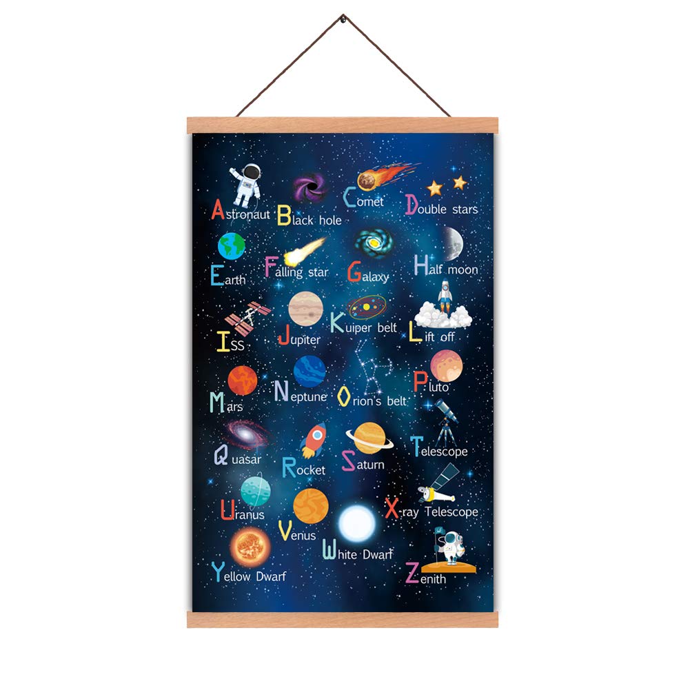 KAIRNE Outer Space Room Decor With Wood Magnetic Poster Hanger Framed ABC Alphabet Space Posters(28X45CM) Space Galaxy Themed Pi