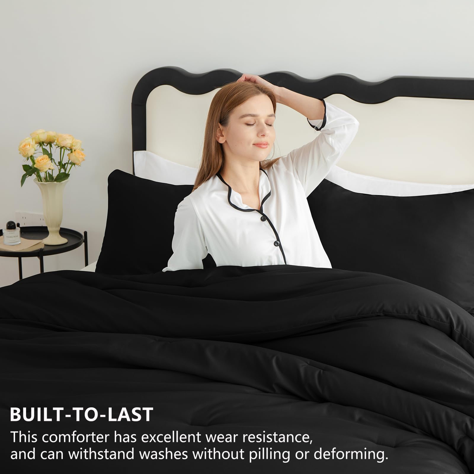 Cozylux California King Comforter Set Black, 3 Pieces Cal King Solid Breathable Boho Style Bedding Sets, Cozy Luxury Fluffy Soft Microfiber Quilt Comforter For All Season(1 Comforter & 2 Pillowcases)