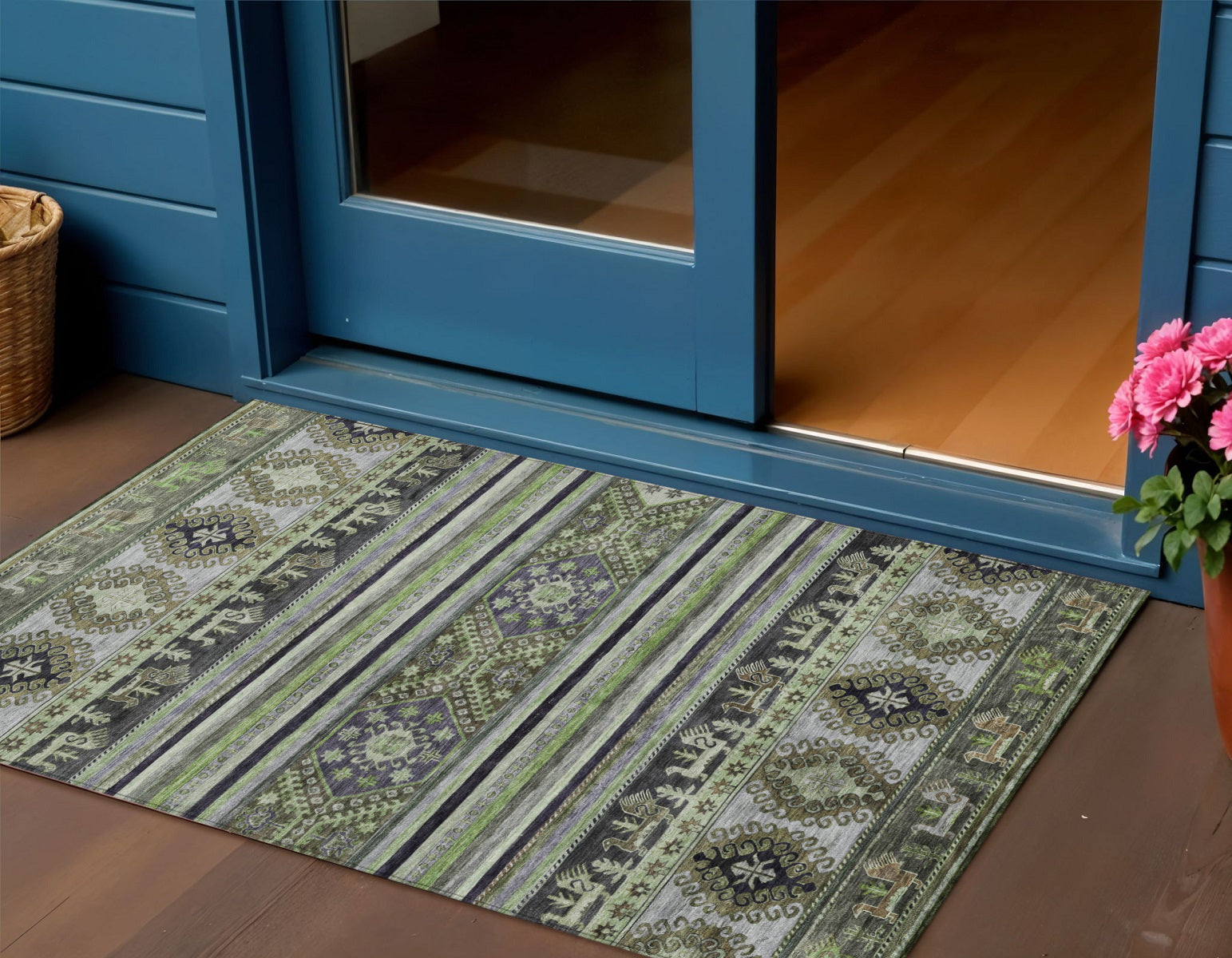 3 X 5 Fern Green Taupe And Ivory Tribal Washable Indoor Outdoor Area Rug