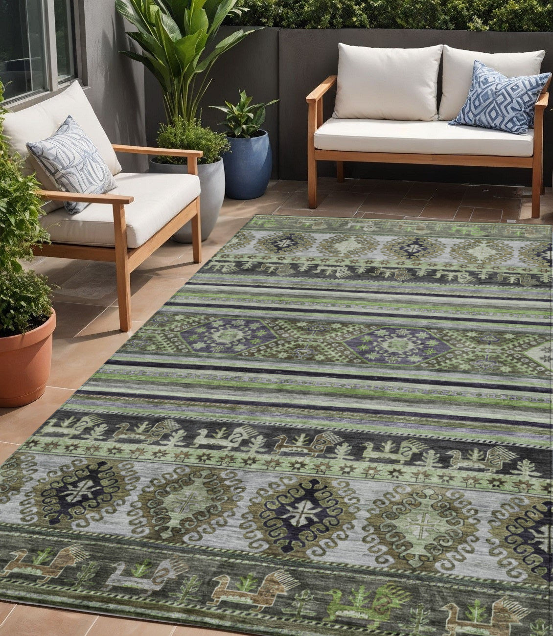 5 X 8 Fern Green Taupe And Ivory Tribal Washable Indoor Outdoor Area Rug