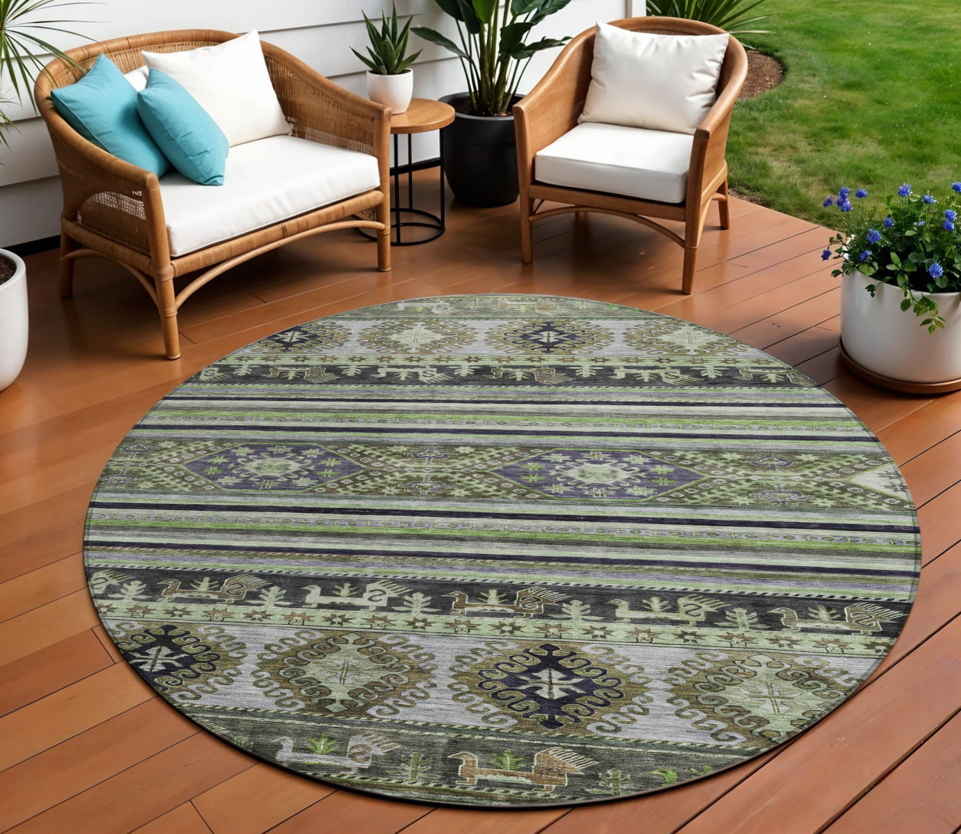 8 Fern Green Taupe And Ivory Round Tribal Washable Indoor Outdoor Area Rug