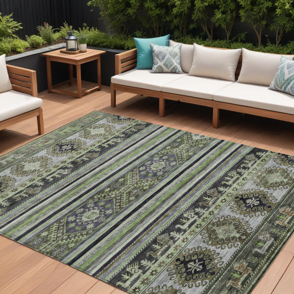 10 X 14 Fern Green Taupe And Ivory Tribal Washable Indoor Outdoor Area Rug
