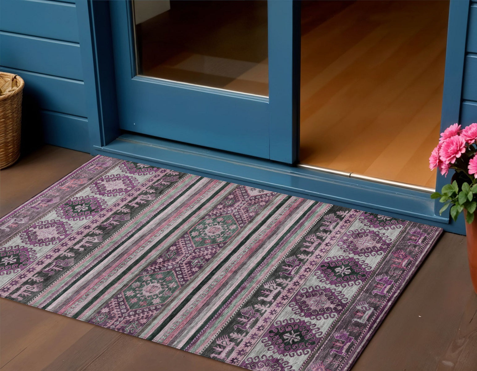3 X 5 Purple Plum And Gray Tribal Washable Indoor Outdoor Area Rug