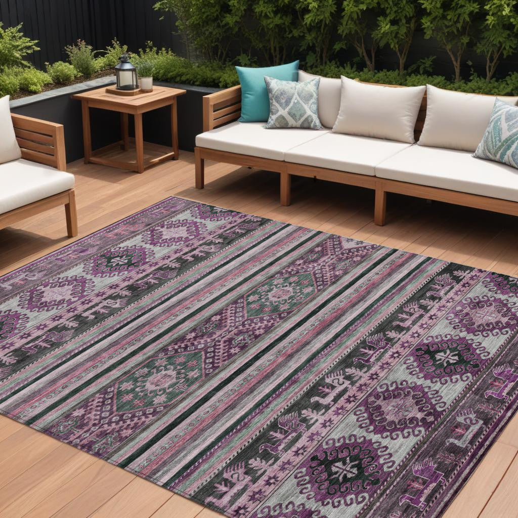 8 X 10 Purple Plum And Gray Tribal Washable Indoor Outdoor Area Rug
